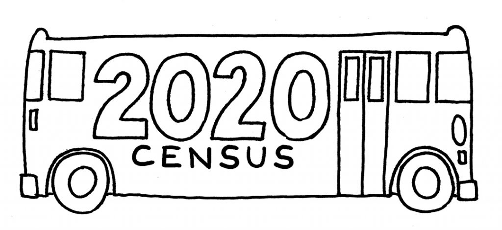 A hand drawn black and white bus with 2020 census written on the side